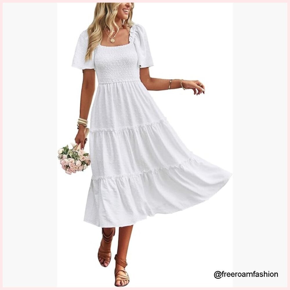 Square Neck Flutter Sleeve Smocked Midi Dress Swiss Dot Boho Summer